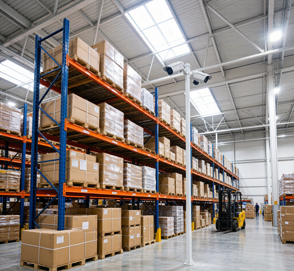 Warehouse CCTV installation with PoE accessories